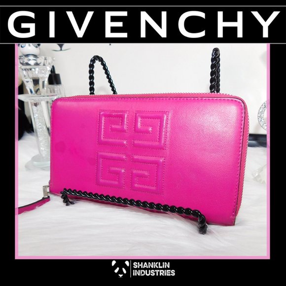 🤍🐼GIVENCHY🐼🤍 Emblem Fuchsia Leather Zip Around Long Wallet - Picture 1 of 11